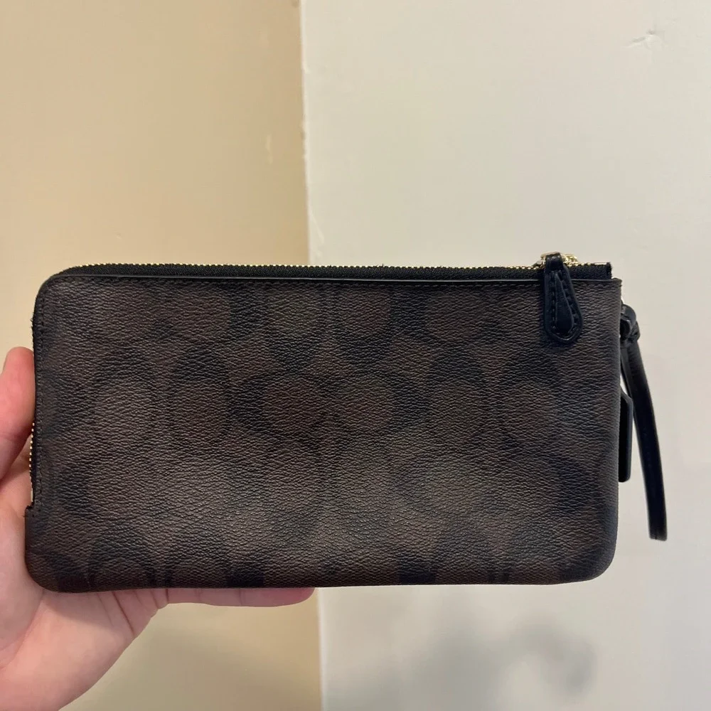 Coach Double Zip Wristlet in Signature Canvas Brown Black F54057